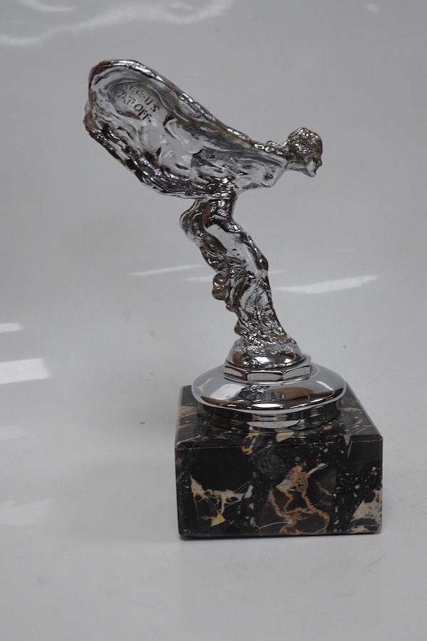 A chrome Spirit of Ecstasy car mascot on marble base, 13.5cm high not including marble base. Condition - good